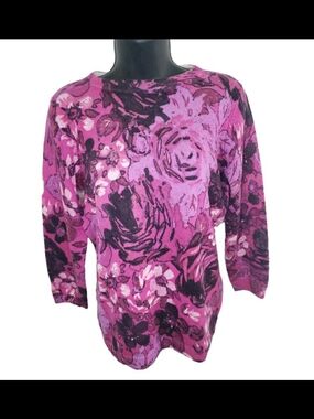 Talbots Petite Medium PM Cashmere Sweater Floral Purple Black White Pullover EUC